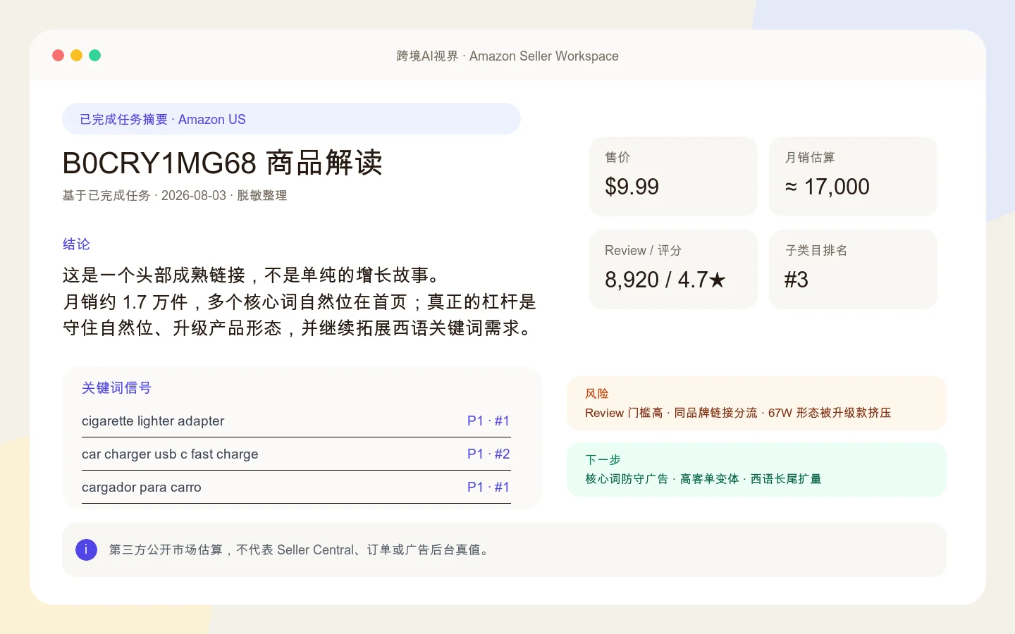 根据跨境AI视界已完成任务整理的 Amazon US ASIN B0CRY1MG68 脱敏宣传摘要